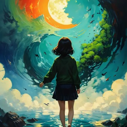 studio ghibli,ghibli,chihiro,world digital painting,little girl in wind,bioshock,digital painting,dream world,frisk,ponyo,girl walking away,kumiko,encountering,wander,hoenn,dreamscape,exploration,exploration of the sea,adrift,digital illustration,Conceptual Art,Fantasy,Fantasy 19