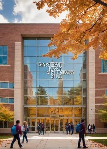 Modern architectural school building, Michigan style, university campus, Ann Arbor or Detroit cityscape, brick and glass exterior, grand entrance, column details, intricate roof structure, natural lig