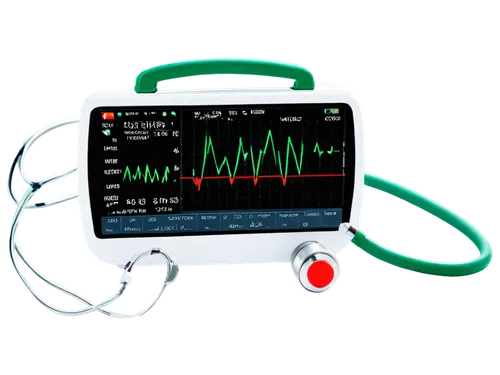 ECG machine, hospital equipment, fast heartbeat rhythm, red wires, silver metal, digital screen, green waveform lines, stethoscope nearby, white background, close-up shot, shallow depth of field, brig