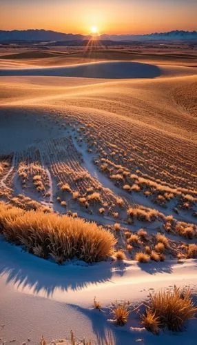 As the sun sets over the horizon, a frozen desert landscape stretches out before the viewer. The sky is a deep shade of orange, casting long shadows across the icy terrain. Below, a vast expanse of go