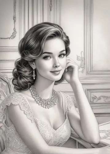 maxon,margaery,mikimoto,noblewoman,mouawad,rosaline,princess sofia,bridewealth,duchesse,bridal jewelry,debutante,pearl necklace,vintage woman,margairaz,marchioness,beren,fawzia,a charming woman,heiress,romantic portrait,Illustration,Black and White,Black and White 30