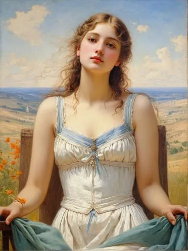 elegant girl in summer painted the way of French Painter jean-dominique Ingres,a  wearing a white dress sitting on a bench,perugini,girl lying on the grass,emile vernon,bouguereau,godward,dossi,girl i