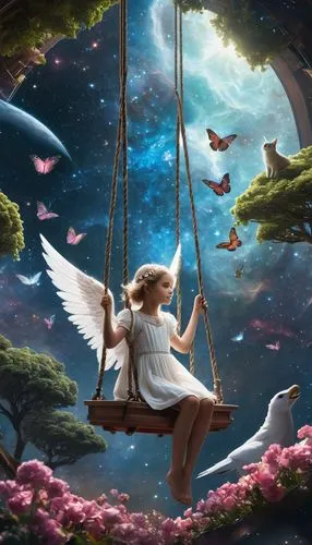 fantasy picture,fairies aloft,wooden swing,garden swing,angel playing the harp,golden swing,faerie,fairy world,swing,fantasy art,faery,empty swing,3d fantasy,fairyland,fairies,hanging swing,swing set,elves flight,swingset,faires,Conceptual Art,Fantasy,Fantasy 11