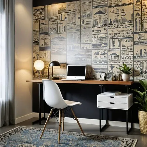 Design a workstation for an office building that features wall art, wallpaper, and a separate crystal wall blending French Industrial Chic style with touches of old Egyptian design. For wall art, incl