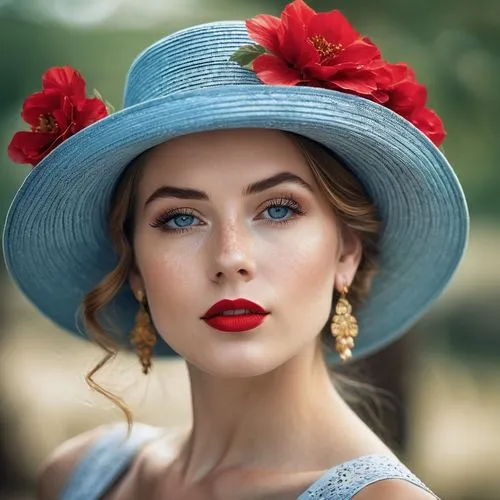 girl wearing hat,red hat,woman's hat,vintage woman,the hat of the woman,beautiful bonnet,Photography,General,Realistic