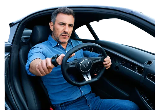 Male driver, middle-aged, short hair, casual clothes, sports car, leather seat, steering wheel, hands on wheel, serious facial expression, intense gaze, low-angle shot, dynamic composition, high-contr