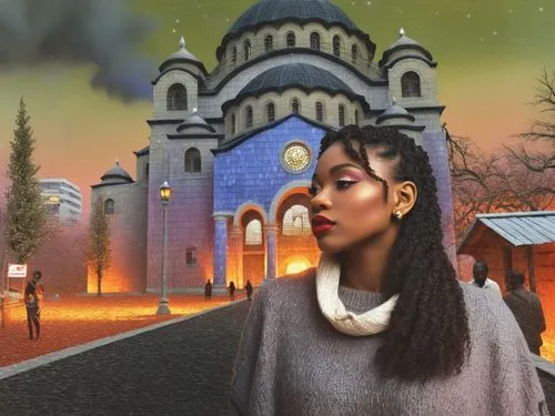 Beautiful nigerian girl, full dark curly hair, big dark almond eyes, full red lips, misty sky,a painting shows a woman and a building,lumidee,thyatira,mahdawi,fantasy picture,photomanipulation,talisa,