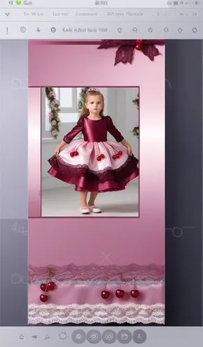 3d fashion drawing of satin dress for kids with three lace layers with burgundy . first layer is light pink with cherries drawn on it.second layer is burgundy.third layer is dark burgundy with sequin 