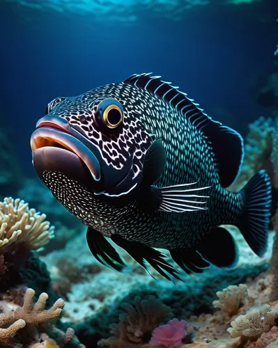 black jaguarfish, underwater scene, vibrant coral reef, dynamic pose, sleek scales texture, sharp teeth, glistening eyes, hunting action, tropical fish, ambient light, clear water, detailed fins, real