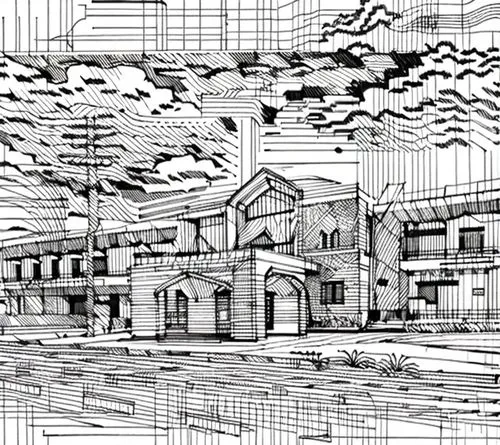 house drawing,railroad station,industrial building,school design,sheet drawing,old factory,street plan,kirrarchitecture,old factory building,freight depot,pencil lines,printing house,pen drawing,indus