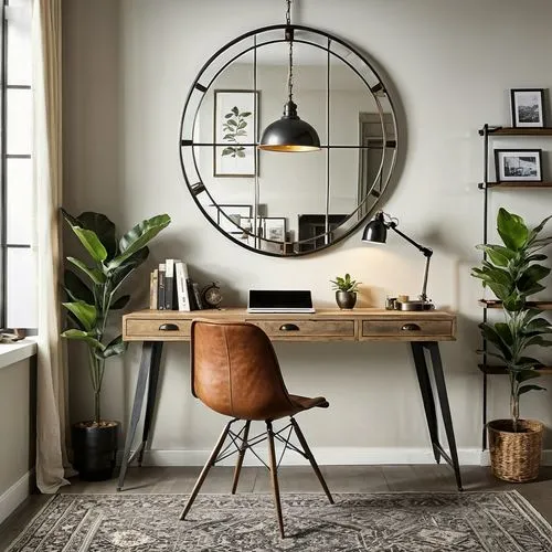 modern decor,circle shape frame,wood mirror,writing desk,dressing table,geometric style,scandinavian style,berkus,danish furniture,contemporary decor,floor lamp,thonet,dining room table,crittall,anastassiades,mid century modern,mobilier,interior design,wooden desk,credenza