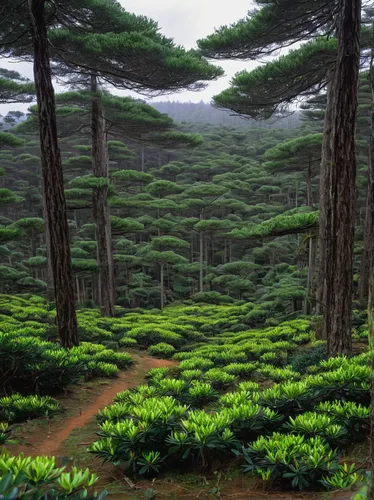 Rhododendrons blossom in a PINE FOREST near Oupu Township of Huma County.,fir forest,pine forest,coniferous forest,green forest,elven forest,spruce-fir forest,forest landscape,temperate coniferous for