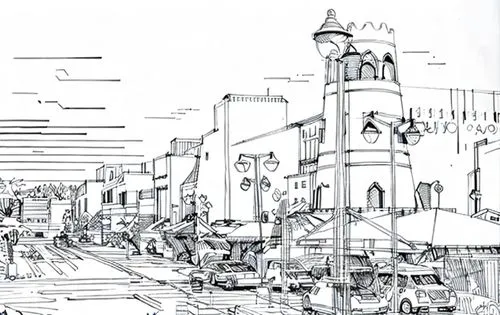 nizwa souq,sharjah,nizwa,townscape,khobar,souq,mono-line line art,line drawing,heliopolis,doha,baghdad,al nahyan grand mosque,the cairo,croydon facelift,city scape,minarets,street plan,muscat,lahore,cairo