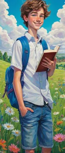 Cartoonish Jack Smith, boy, 12yo, messy brown hair, bright blue eyes, freckles on cheeks, casual wear, white shirt, blue jeans, sneakers, backpack full of books, standing, playful pose, holding a penc