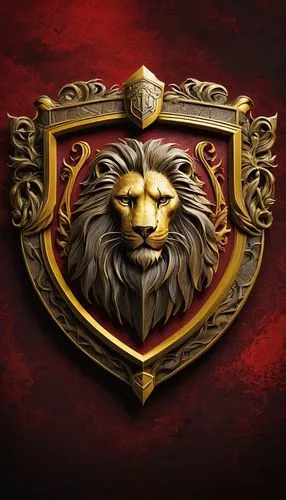 Hogwarts School of Witchcraft and Wizardry, Gryffindor House Crest, SVG format, golden lion passant, red and gold colors, intricate details, bold lines, shield shape, majestic, iconic, heraldic, fanta