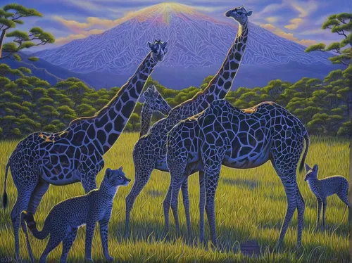 Add Artwork | Wallhanging by Bobbie Crane | Artists for Conservation,serengeti,giraffes,kilimanjaro,two giraffes,mount kilimanjaro,giraffidae,safari,oil painting on canvas,tanzania,oil painting,alpaca