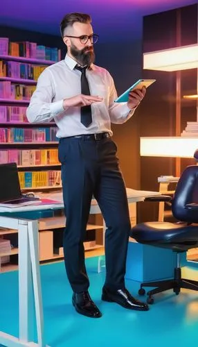 Evidence-based design, modern architect, male, 35-45 years old, glasses, short hair, beard, white shirt, black tie, black pants, leather shoes, standing, holding tablet, architectural model, blueprint