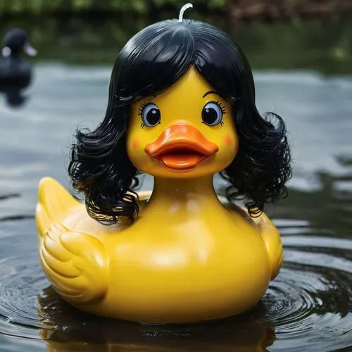 cgi image of a rubber duck with a black wig, black lipstick, black eyes with eyelashes, and black beak/bill, black full body latex outfit with ring,rubber duckie,rubber duck,rubber ducky,rubber ducks,