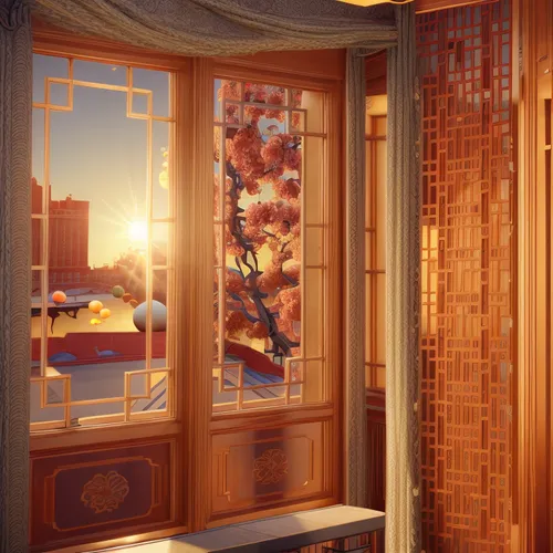 window curtain,window treatment,bedroom window,3d rendering,goldenlight,3d render,ornate room,window valance,room divider,window covering,wooden windows,art deco background,render,luxury bathroom,morning light,penthouse apartment,curtain,french windows,golden light,curtains