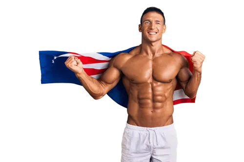 Victorious athlete, muscular man, champion's pose, gold medal, national flag, sweaty skin, intense gaze, clenched fist, raised arms, confident smile, spotlight, dramatic shadows, 3/4 composition, low-