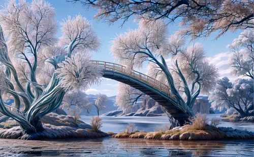 winter landscape,river landscape,tied-arch bridge,weeping willow,fantasy landscape,ice landscape,dragon bridge,arch bridge,trees with stitching,phragmites,reeds wintry,corkscrew willow,hoarfrost,rainbow bridge,angel bridge,fantasy picture,bridge arch,nature landscape,christmas landscape,brook landscape