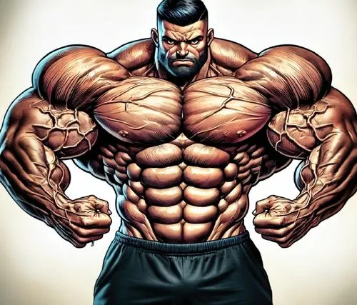 A drawing of a massive flexed muscular man in shorts...,body building,kraven,bufferin,arlovski,hypertrophy,steroid