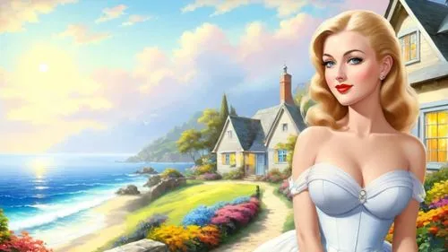 Romantic masterpiece oil painting, dark colors, beautiful skinny busty woman portrait, nostalgic 1950's style kitsch, picturesque cozy seaside cottage landscape, highly detailed, high res, absurdres, 