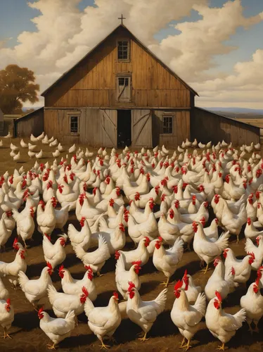 chicken farm,chicken yard,flock of chickens,poultry,farmyard,laying hens,chicken run,avian flu,red hen,chickens,free-range eggs,livestock farming,landfowl,livestock,free range chicken,barnyard,farm animals,portrait of a hen,david bates,grant wood,Illustration,Realistic Fantasy,Realistic Fantasy 09