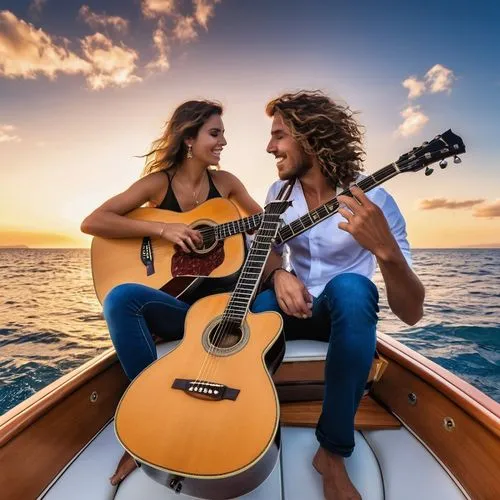 yate navegando una pareja de enamorados tocando su guitarra al borde del yate oceano,ukuleles,serenading,ukulele,strumming,serenade,serenata,classical guitar,acoustic guitar,guitarra,cavaquinho,serena