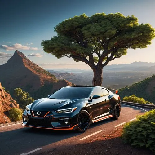 Sentra Preto , super esportivo, no alto de uma montanha, do lado de uma arvore,  com um gavião observando.,mégane rs,mazda ryuga,seat altea,3d car wallpaper,nissan,honda civic type r,renault mégane,hy