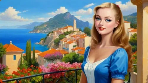 Romantic masterpiece oil painting, cute girl portrait, nostalgic 1950's style kitsch, breathtaking beautiful landscape, majestic scenery, Belagio promenade, sunlit stroll, village hideaway, riviera, h