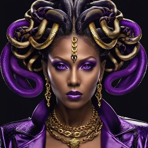 black medusa woman purple snakes as hair  with black background with no smile with gold jewelry with purple and gold jacket with a medusa chain on her neck,medusa,medusa gorgon,blackarachnia,liliana,s