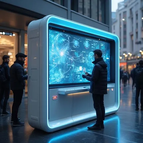 A sleek, ultra-modern kiosk with a minimalist design, featuring interactive touchscreens, holographic displays, and a metallic finish. The kiosk should have ambient lighting that changes color based o