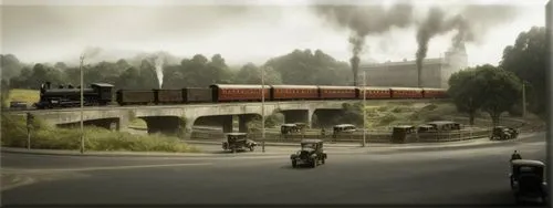 an old train passes on the flyover, underneath some old cars and delmans pass by. atmosphere of the 1920s,a train traveling down a railway near a bridge,railway crossing,model railway,indian railway,s