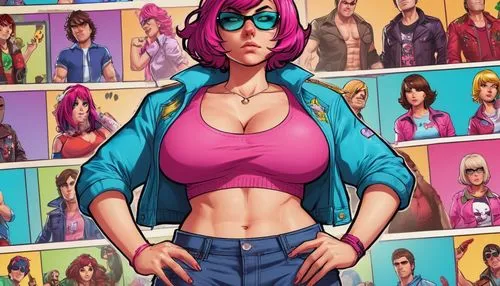 muscle woman,jean jacket,retro woman,retro girl,comic character,xmen,80s,jacket,woman shopping,x-men,hip rose,retro women,comic book,jeans background,superhero comic,nora,veronica,comic characters,rockabella,rosa ' amber cover,Illustration,Vector,Vector 19