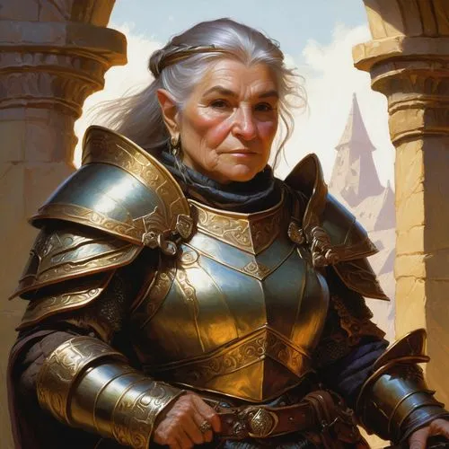 an elderly female d&d dwarf wearing bronze armor,cadfael,oerth,maester,aegon,sargsian,dwarf sundheim,hawke,dragonlance,mengsk,karg,paladin,drizzt,geralt,archchancellor,gwent,vladislaus,male elf,deneth