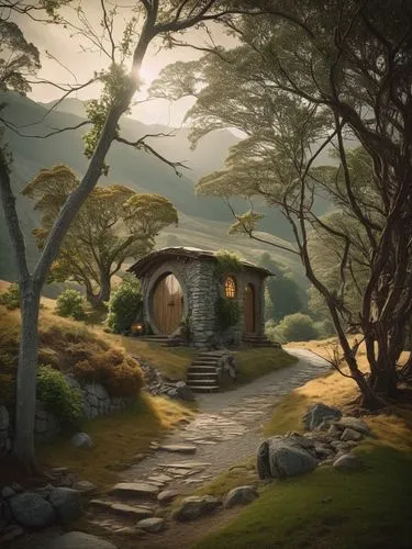 Дом в стиле деревни Шир из властелина колец,a hobbot house surrounded by trees in a forest,hobbiton,fantasy landscape,nargothrond,home landscape,mirkwood,cartoon video game background,Photography,Gene