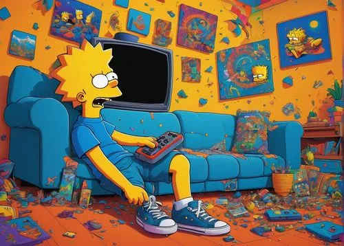 homer simpsons,homer,bart,duff,overthinking,flanders,exploding head,crash test,room creator,paintings,status,art,modern pop art,popular art,studio couch,the living room of a photographer,crash-land,kids room,art world,playing room,Illustration,Abstract Fantasy,Abstract Fantasy 09