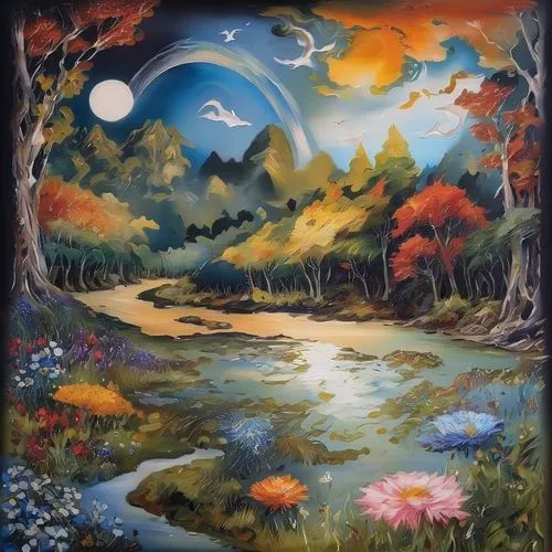 fantasy landscape,mushroom landscape,oil painting on canvas,fantasy picture,khokhloma painting,fairy world,salt meadow landscape,fantasy art,meadow landscape,forest of dreams,forest landscape,the mystical path,oil on canvas,fairy forest,nature landscape,mantra om,dream world,art painting,autumn landscape,cosmos field,Illustration,Paper based,Paper Based 04