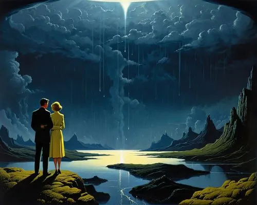 schuitema,vintage couple silhouette,skywatchers,schuiten,temporal,night scene,background image,hildebrandt,romantic scene,storms,the sun and the rain,rainfall,nacht,travel poster,mcquarrie,meteo,monsoon,kamille,overlook,futuristic landscape,Conceptual Art,Sci-Fi,Sci-Fi 16