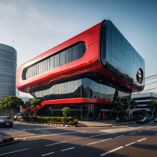 A LUXURIOUS TOYOTA MOTORS DEALER, TWO STOREYS, SURABAYA, STREET JUNCTION, RED CRESCENT LOGO, PERFORATED BLACK METALS BUILDING COVER, LARGE PARKING AREA AT FRONT, LARGE STEEL COLLONADE , GOLDEN LINING,