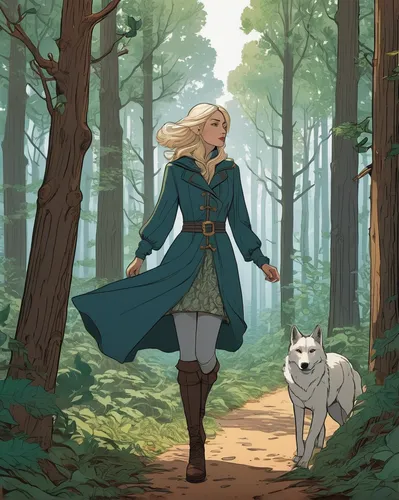 forest walk,stroll,dog hiking,companion dog,forest path,dog walking,dog walker,adventurer,in the forest,girl with dog,wander,the wanderer,walking dogs,howl,woodland,the woods,farmer in the woods,scent hound,autumn walk,elven forest,Illustration,Vector,Vector 02