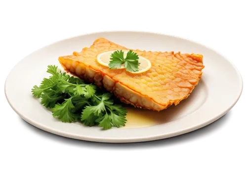 Golden fried fish, crispy skin, juicy flesh, plate garnished with parsley, lemon slice on side, white porcelain plate, shallow depth of field, warm lighting, soft focus, close-up composition, appetizi