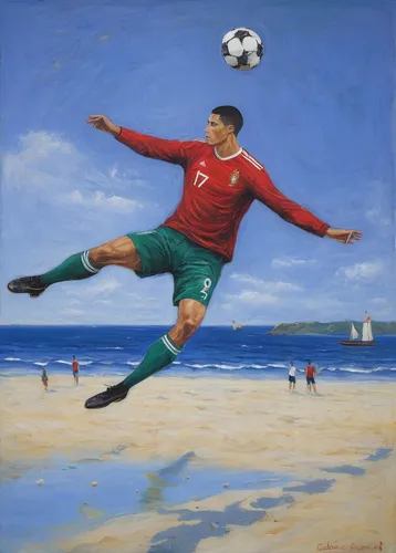 Imagine Ronaldo performing an astonishing overhead kick on a sandy beach during a friendly match.,beach soccer,footvolley,ronaldo,cimarrón uruguayo,soccer kick,soccer world cup 1954,portugal,soccer pl