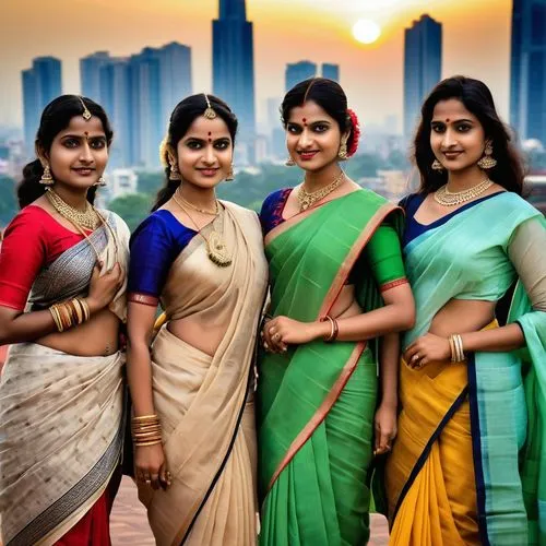 a group of indian women wear traditional sarees, with each one unique and unique. They wear simple silhouettes and a blouse that perfectly catches the light. However, instead of carrying a blouse, it 