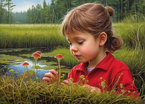 Imagine a curious child discovering a round-leaved sundew in a hidden marsh. Describe their awe and wonder.,girl picking flowers,oil painting on canvas,oil painting,flower painting,girl and boy outdoo