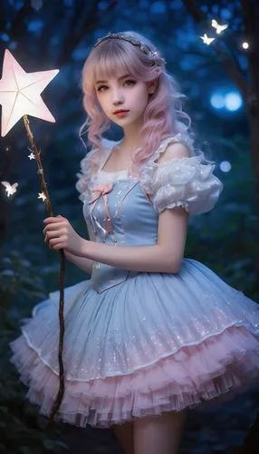 Lolita, lunar-themed costume, crescent moon symbol, sparkly hair clips, pale blue eyes, delicate eyelashes, porcelain skin, soft pink lips, frilly white dress, layered tulle skirt, glittery boots, hol