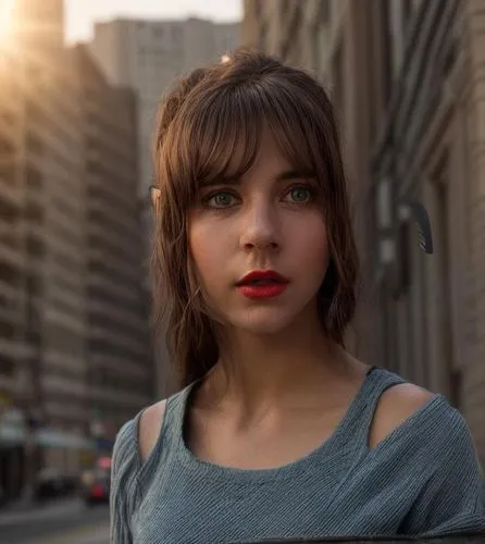 a young girl 22 years old, brown flowing hair, green eyes, red lips and confident expression, wearing a soft blue t-shirt and dark blue sweater, stand up at sunset in a street of chicago city as backg