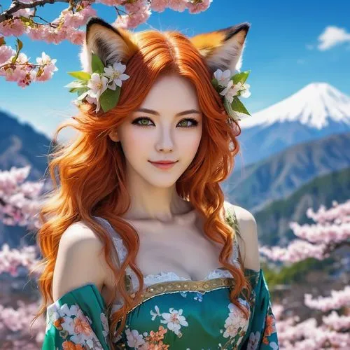 smirking women framed by cherry blossoms, flowery dress, vivid, flowing orange hair, sky and mountains background, colorful, fluffy fox ears, green eyes, upper body, digital art, anime style messy hai