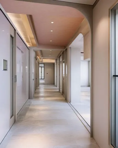 HOSPITAL CLINIC LOBBY DESIGN
IN A BABY PINK COLOR THEME WITH MARBLE FLOORING
WITH THE CURVED ROOF GIVEN IN THE REFERENCE IMAGE,a long hallway with no people in it,hallway space,corridor,hallway,corrid